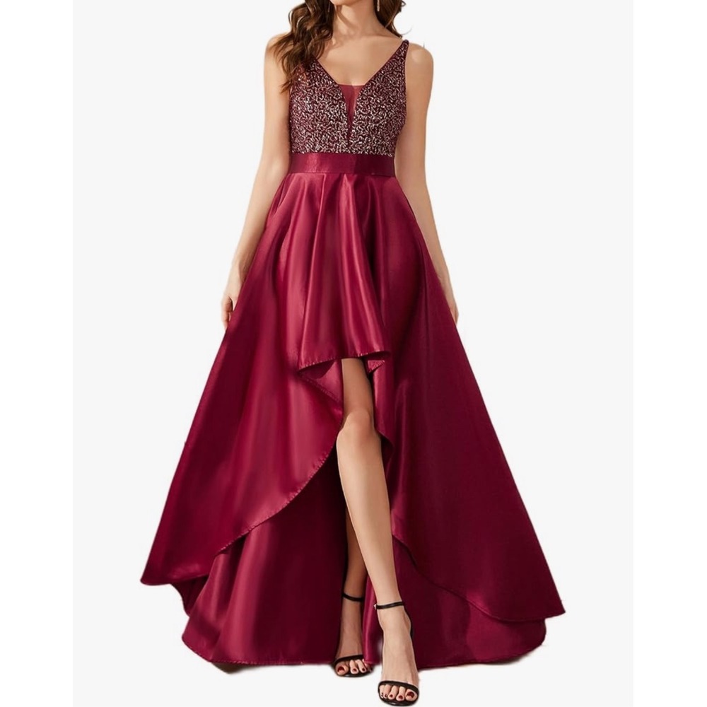 Prom Dress High Low‎ Sparkle Sequin V Neck m Evening Gown Burgundy Formal Dress
